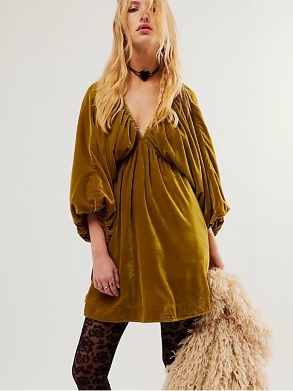 Free People Portia Velvet Mini Mustard Yellow Balloon Sleeve V-Neck Fall